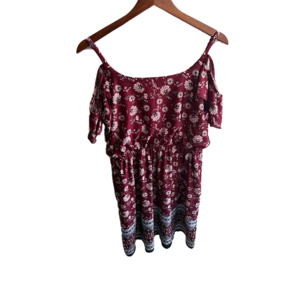 Maurices Floral Cold Shoulder dress‎ Womens Large Burgundy Boho Strappy